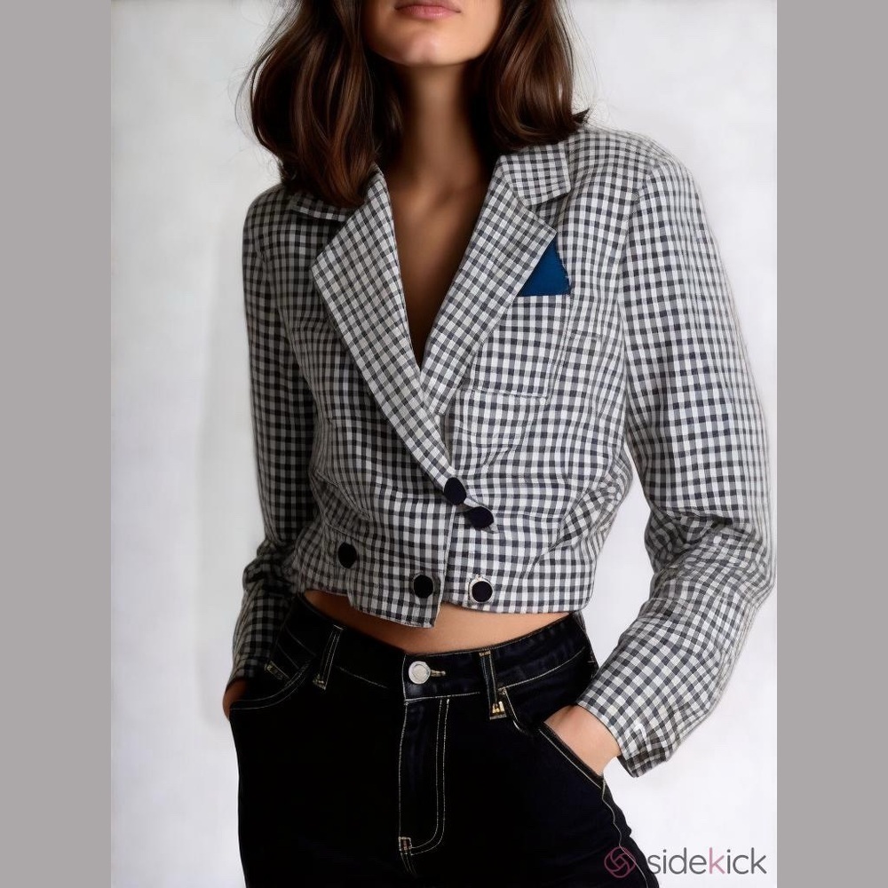 Jones New York Black White Blue Houndstooth Plaid Cropped Jacket Size 14